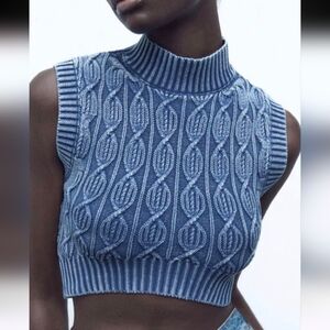 Zara Blue Cable Knit Sleeveless Sweater Size M.
